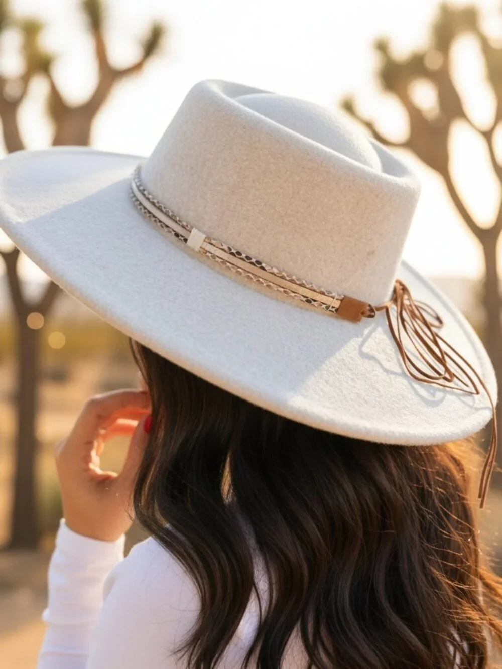 Oatmeal Wide Brim Fedora Hat Boho Western Braided Tassel One Size.